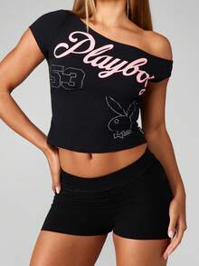 Missguided x Playboy Áo crop top hở vai cotton kiểu dáng đơn giản, tay ngắn một bên vai dành cho nữ, dáng ôm dáng, thiết kế logo cổ điển, cổ rộng, thời trang sang trọng, hiện đại - màu đen - Xem 1