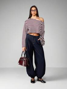 MISSGUIDED 条纹露肩短款针织毛衣长袖宽松休闲套头衫秋冬时尚罗纹舒适慵懒上衣圣诞节 - 酒紅色 - 查看 3