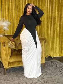 Veslaya 2025 Autumn/Winter Plus Size Women's Dress, Y2K Street Style, Elegant Ruched Colorblock Dress For School, Work, Party, Commute - Black and White - View 2