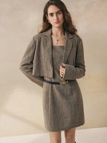 Cévolie 女士时尚纯色两件套：羊毛混纺长袖夹克和修身无袖连衣裙 - 棕色 - 查看 3