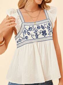 Coeurva Floral Embroidery Ruffle Trim Peplum Blouse - White - View 5