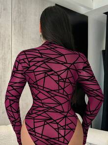 SHEIN SXY Plus Size Women Long Sleeve Flocked Bodysuit, Suitable For Nightclub Party, Autumn/Winter