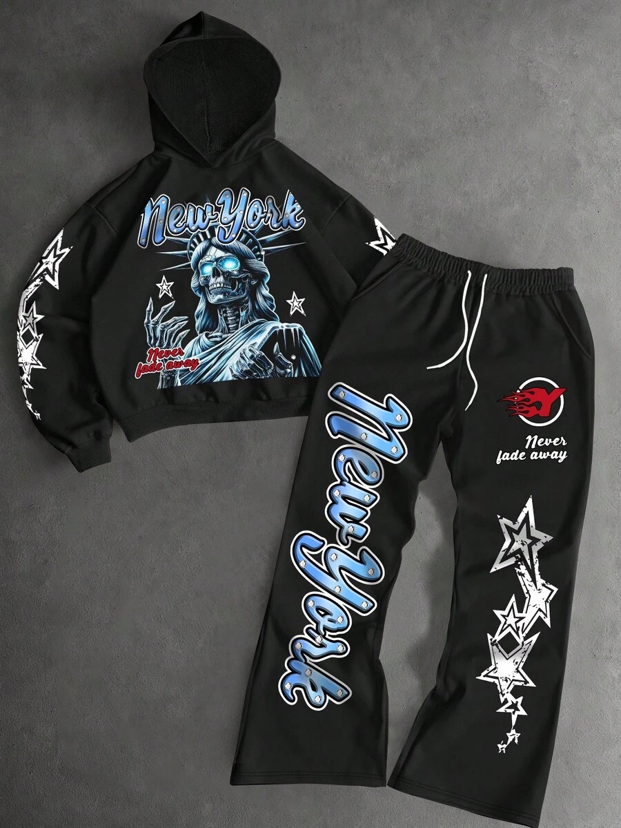 PAVTROS Manfinity Streetrush Statue Of Liberty & Letter Print Streetwear Hoodie And Pants Set, Suitable For Outdoor Music Festivals, Nightclubs, Boyfriend/Husband Gift, Anniversary Gift, Light Grey , Men Sweatsuit Set , Hoodie And Sweatpants Set , Designer Sweatsuit, Fall Clothes - Black - View 1