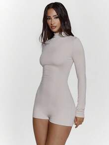 MUSERA 高领修身长袖热裤迷你短款连体裤性感外出秋季夜游可爱街头风 Feraux 优雅新年春季夏季假期节日 - 白色 - 查看 5