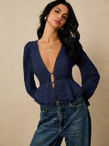 Poéselle Women's Floral Embroidery Deep V-Neck Tie Front Long Sleeve Sexy Fashionable Blouse