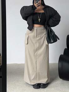 POPSWAY 大码休闲复古简约美式街头风工装裙 - 卡其色 - 查看 1