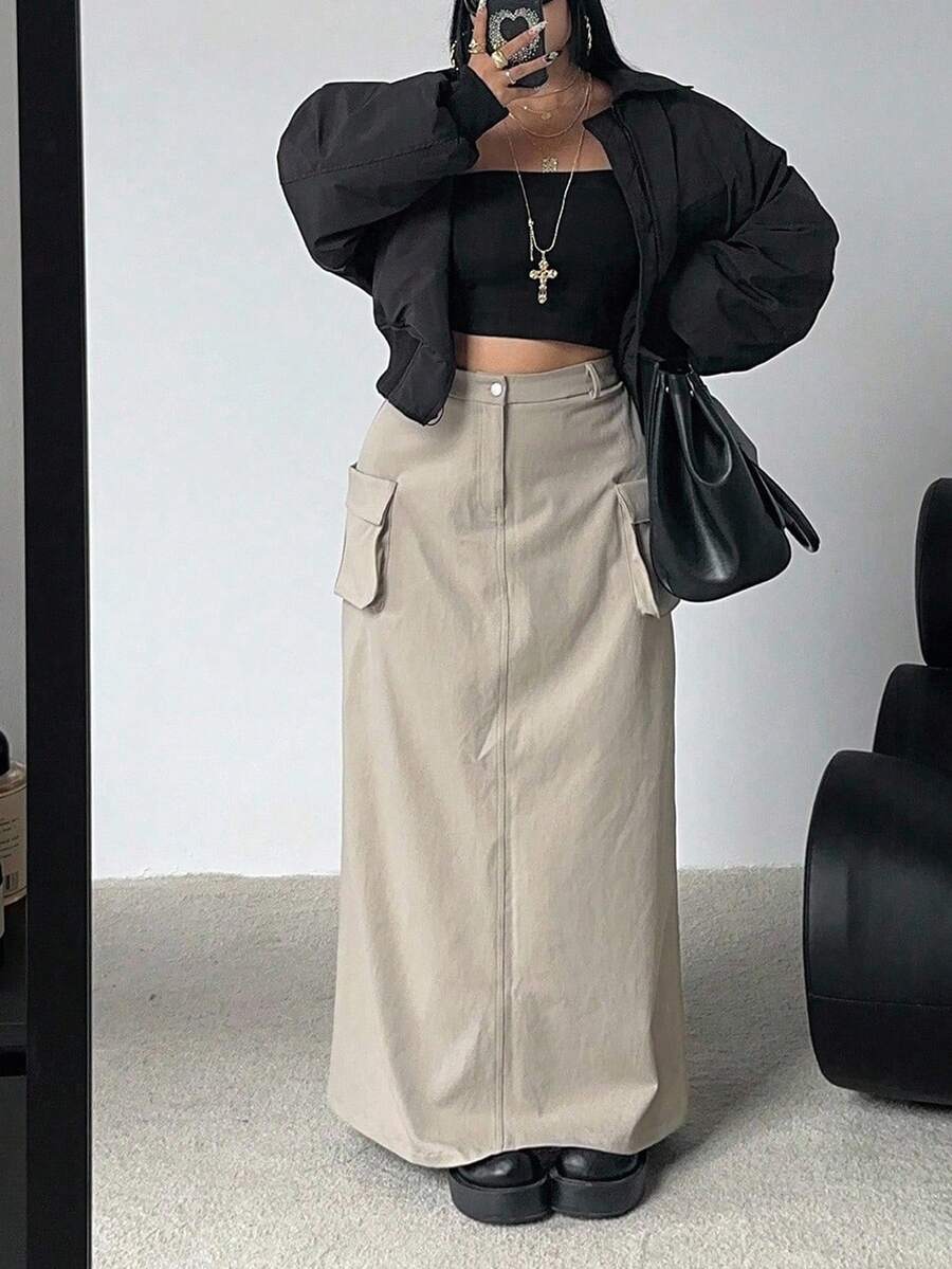 POPSWAY 大码休闲复古简约美式街头风工装裙 - 卡其色 - 查看 1