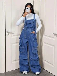 SHEIN Tall 纯色宽肩带口袋休闲宽松牛仔连体裤 - 深色水洗藍 - 查看 5