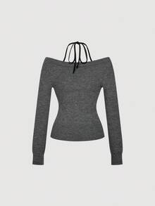 SHEIN MOD 女士时尚撞色露肩吊带毛衣，秋季，露肩毛衣，冬季，新年，圣诞节，感恩节，圣诞毛衣，女士冬季毛衣，派对 - 灰色 - 查看 2