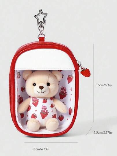 Kawaii Bolsa pequeña transparente con estampado de fresa y gancho en forma de estrella, bolsa de cosméticos portátil