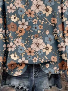 EMERY ROSE Early Autumn Casual Retro Floral Pattern Plus Size Women Sweatshirt, Suitable For Fall/Winter Outings And Matching - Multicolor - View 4