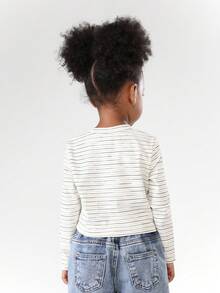 SUMWON Áo thun dài tay kẻ sọc cổ điển cho bé gái, áo thun cổ tròn, áo thun Jersey dệt kim cơ bản, mặc hàng ngày - Màu be - Xem 2