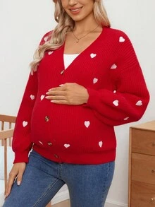 SHEIN 孕妇休闲心形刺绣开衫，秋冬 - 紅色 - 查看 6