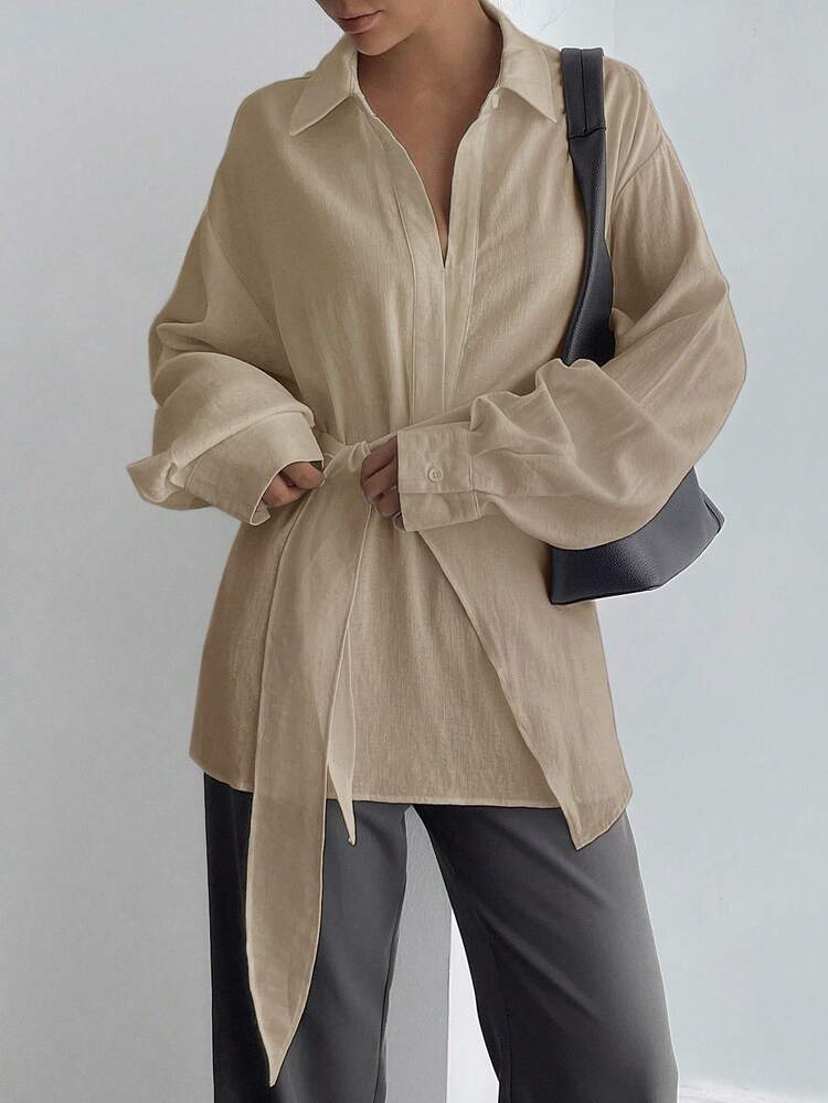 Women's Half-Placket Side Tie Pullover Casual Elegant Shirt Long Sleeve Women