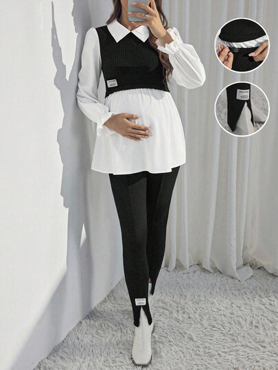 SHEIN Maternity Spring And Summer New Fashion Casual Contrast Color Stitching Long Sleeve 2-Piece Set