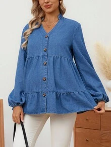 SHEIN Maternity Solid Color Notched Neck Ruffle Hem Long Sleeve Denim Blouse - Blue - View 3