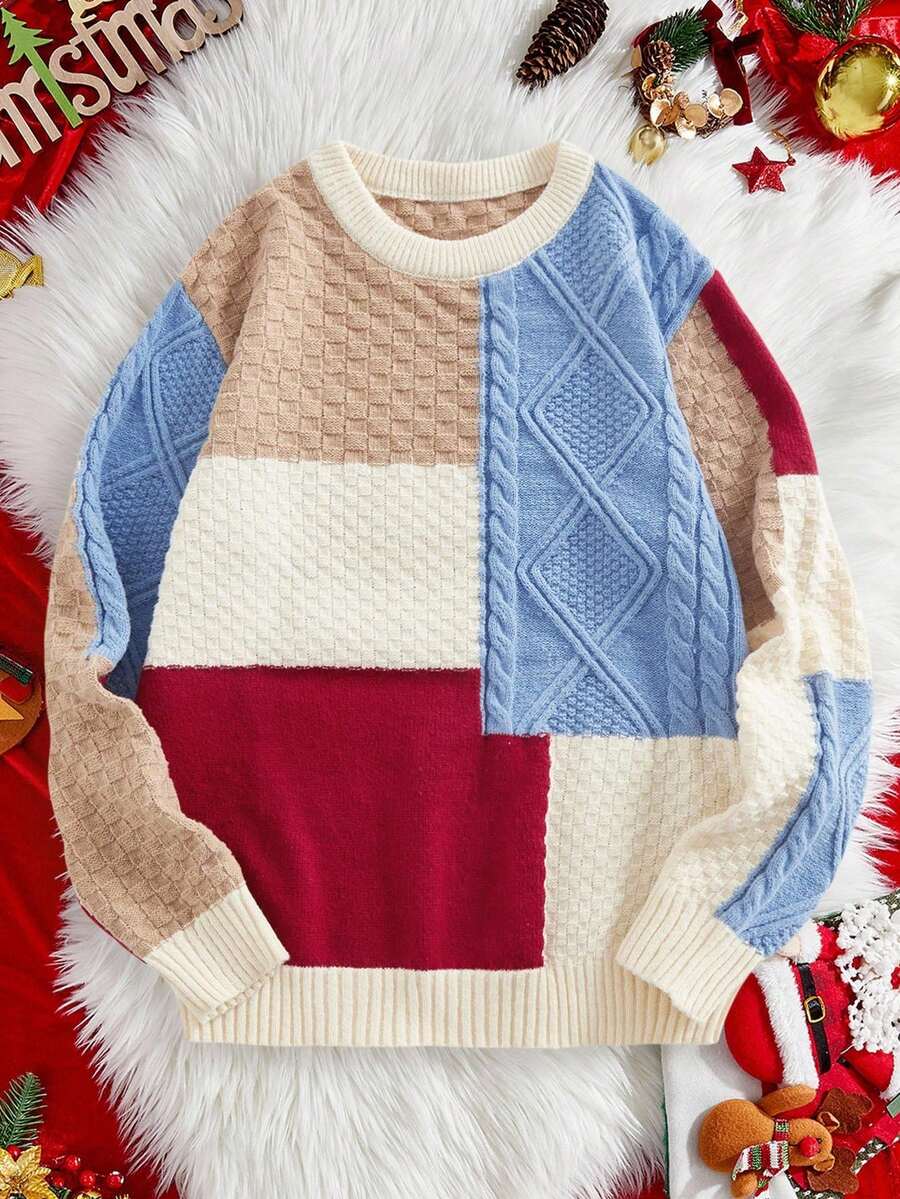 Manfinity NXTstreet Men's Geometric Pattern Textured Knit Pullover Sweater With Drawstring, Long Sleeve, Multi-Color, Autumn/Winter Men Knit Sweater Men Jumpers Knitted Pullover Sweater Men Color Block Sweater Cable Knit Sweater Knitwear Sweaters Graphic Retro Flag Pattern Knitted Pullover Sweater For Men Men 90s Sweater Sweaters Y2k