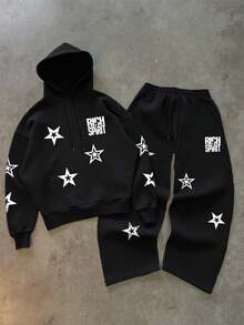 Manfinity EMRG 黑色星形套装 - “RICH SPIRIT”印花连帽卫衣和宽松长裤两件套，白色五角星点缀设计，嘻哈街头风休闲运动单品，男士撞色印花连帽衫和长裤套装，秋冬服装 - 黑色 - 查看 2