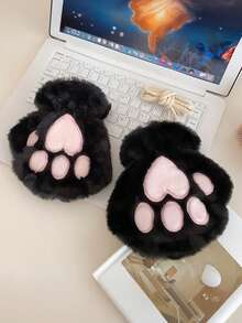 ROMWE Kawaii 1 Pair Plush Cat Paw Fingerless Gloves, Suitable For Daily Wear - Black - View 3