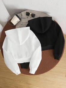 SHEIN 2件套 少女宽松休闲黑色连帽拉链卫衣 少女拉链卫衣 纯色卫衣 Y2K卫衣 青少年尺码卫衣 秋冬女童服装 - 彩色 - 查看 2