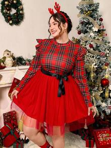 SHEIN Essnce 大码复古可爱蓬蓬裙，荷叶边长袖连衣裙，蛋糕裙，圣诞连衣裙，红色连衣裙公主裙，母女姐妹搭配，除夕装，红色格子连衣裙 - 紅色 - 查看 4