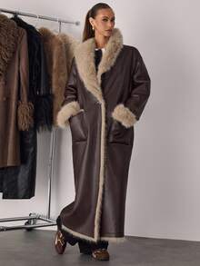 SHEIN BAE 女式复古拼布仿皮草夹克，秋冬 - 咖啡棕 - 查看 7