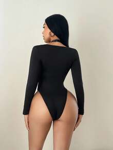 Sirith Women's Autumn/Winter Studded Knit Ruched Long Sleeve Bodysuit - Black - View 2