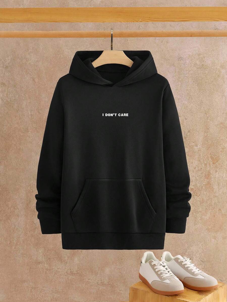 HIMLAND Men's Casual Daily Letter Graphic Pocket Hoodie, Autumn, For Fall Winter