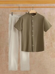 Mainfolk 男士休闲纯色衬衫和裤子套装，夏季 - 彩色 - 查看 3