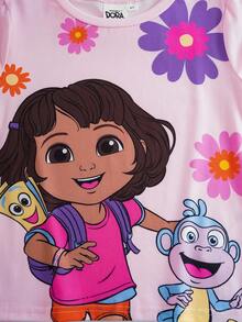 DORA | SHEIN Young Girl Casual Cartoon Dora, Monkey, Flower Graphic Print Round Neck Long Sleeve Knit Pink T-Shirt - Pink - View 5