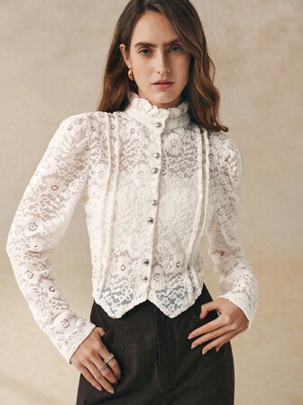 Cévolie חולצה צרפתית אלגנטית עם צווארון דמוי תחרה בצבע אחיד