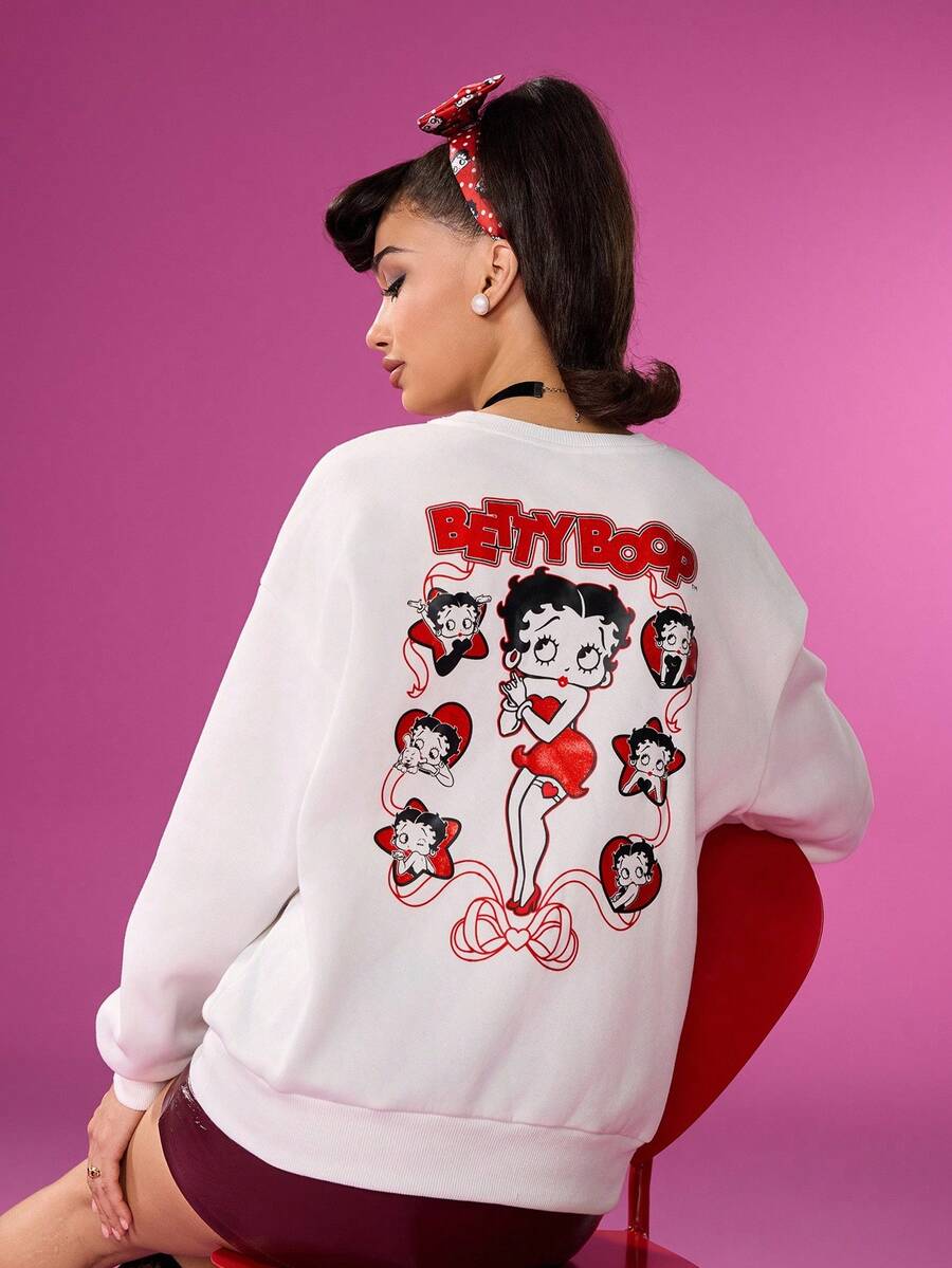 Betty Boop x SHEIN Women's Pink Cute Sweet Bow Betty Casual Cartoon Embroidered Fleece Sweatshirt,Autumn/Winter Christmas Warm Flannel Sweatshirt Christmas New Year White Sweatshirt - White - View 1