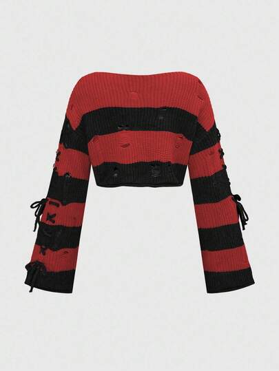 Side Lace-Up Halloween Orange & Black Striped Cropped Knit Top