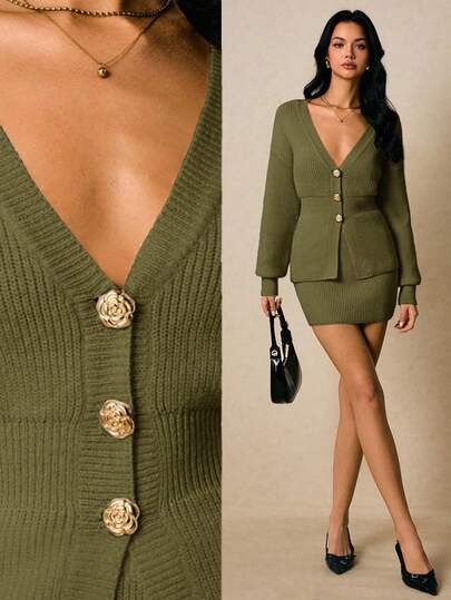 Poéselle Women's Elegant Commuter Solid Color Cardigan & Knit Skirt 2 Pieces Set, Dress Cardigan, Olive Green Dress,Fall,Fall Clothes For Women