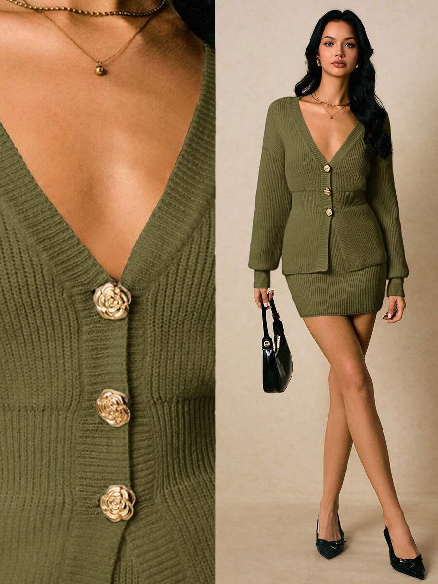 Poéselle Bộ 2 món áo khoác cardigan trơn màu thanh lịch đi làm cho nữ và chân váy dệt kim - xanh quân đội - Xem 1