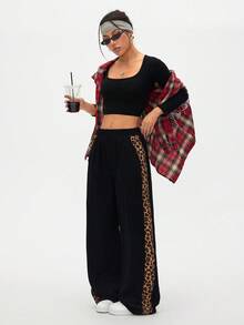 SHEIN LUNE 女式豹纹拼布休闲阔腿裤，秋冬 - 黑色 - 查看 6