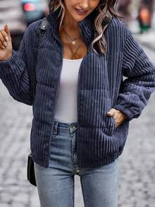 EMERY ROSE 女式纯色前拉链长袖休闲加厚棉服冬季 - 藏蓝色 - 查看 1