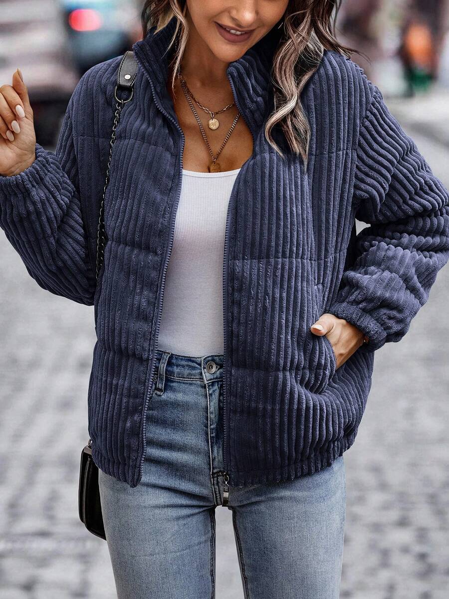 EMERY ROSE 女式纯色前拉链长袖休闲加厚棉服冬季 - 藏蓝色 - 查看 1