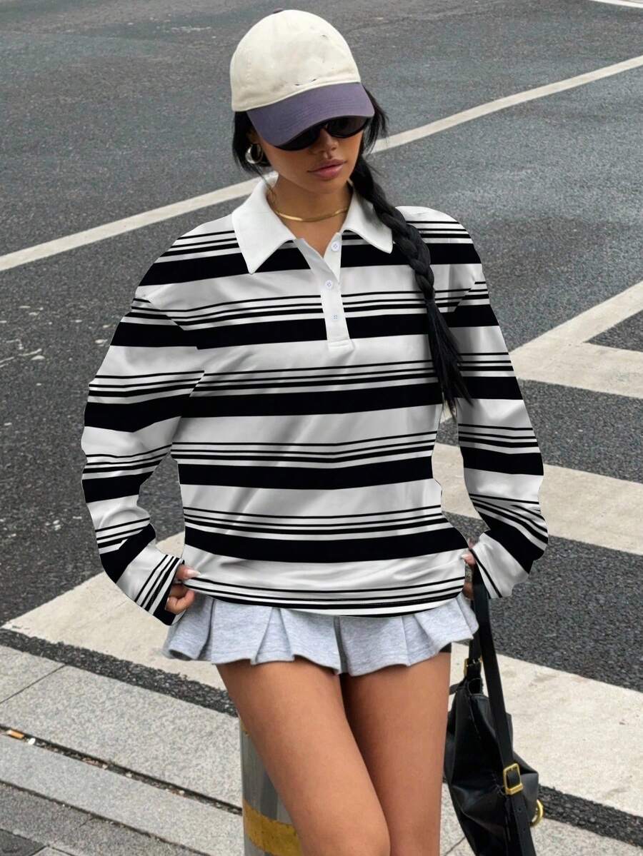 Muchica 休闲简约复古黑白条纹全印花 Polo 领半拉链女式长款 T 恤，适合秋冬季、复古、性感、可爱、Y2K、椰子女孩、波西米亚风、嬉皮士、音乐节 - 彩色 - 查看 1