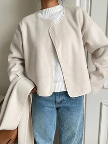 SHEIN EZwear Women's Winter Coat Beige Winter Coat Women Old Money Women's Casual Solid Color Wool Blend Jacket, Autumn/Winter Winter Clothes Women - Apricot - View 5