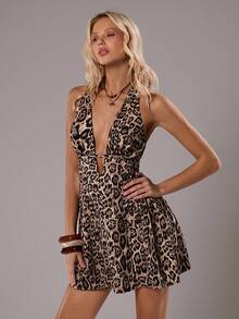 TRNVIE 1 件棕色豹纹深 V 领紧身迷你连衣裙，带喇叭裙，性感 Y2K 休闲街头风格，适合圣诞节、新年派对 - 彩色 - 查看 1