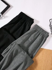 SHEIN 2 件套青少年男孩休闲纯色补丁抽绳针织裤，2 种颜色，春夏 - 彩色 - 查看 5