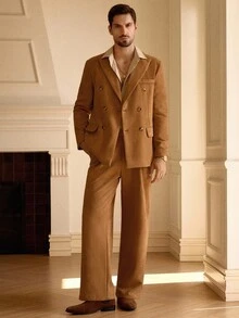 HIMLAND 2pcs Men's Casual Snowflake Fleece Double-Breasted Suit Set - Brown - View 3