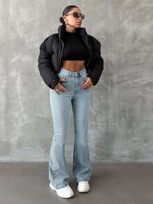 EURMUSE 98%Cotton Washed Flared Jeans With Slanted Pockets - Baby Blue - View 3