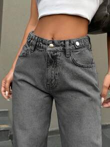 EURMUSE Low Waist Button Detailed Snow Wash Straight Cut Jean - Grey - View 3