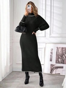 Ellevyn Turtleneck Contrast Trim Long Sleeve Waist Fitted Sweater Dress, Winter Clothes,Fall - Black and White - View 2