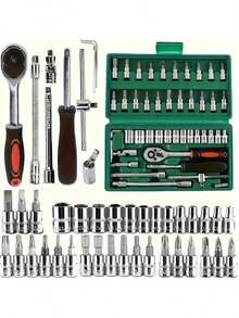 46 件棘轮扳手套装，男士工具套件，含六角扳手和套筒，工具箱，汽车机械工具，1/4 英寸驱动，公制，带延长杆，紧凑型多用途解决方案，适用于自行车和摩托车维护、汽车维修和家庭使用，钢板结构，预组装，手动，带储物盒 - 顏色款式隨機 - 查看 5