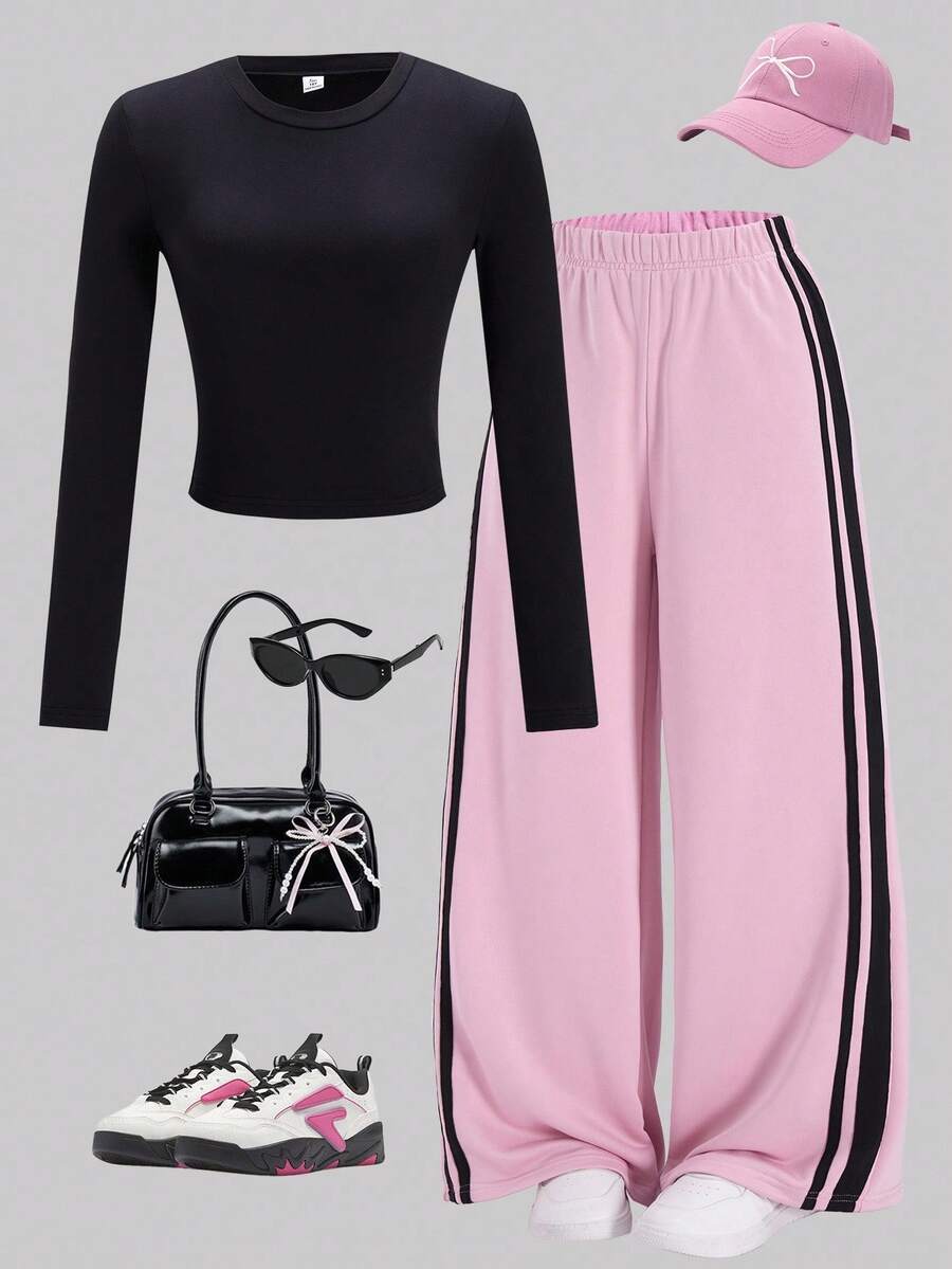 SHEIN ChillGRL Ensemble 4 pièces pour adolescentes, streetwear de base : t-shirt à manches longues col rond court avec pantalon de survêtement ample à rayures contrastées. Convient pour le quotidien, les déplacements, les sorties décontractées, les vacances, les rencontres, le style de rue - Noir - Voir 1