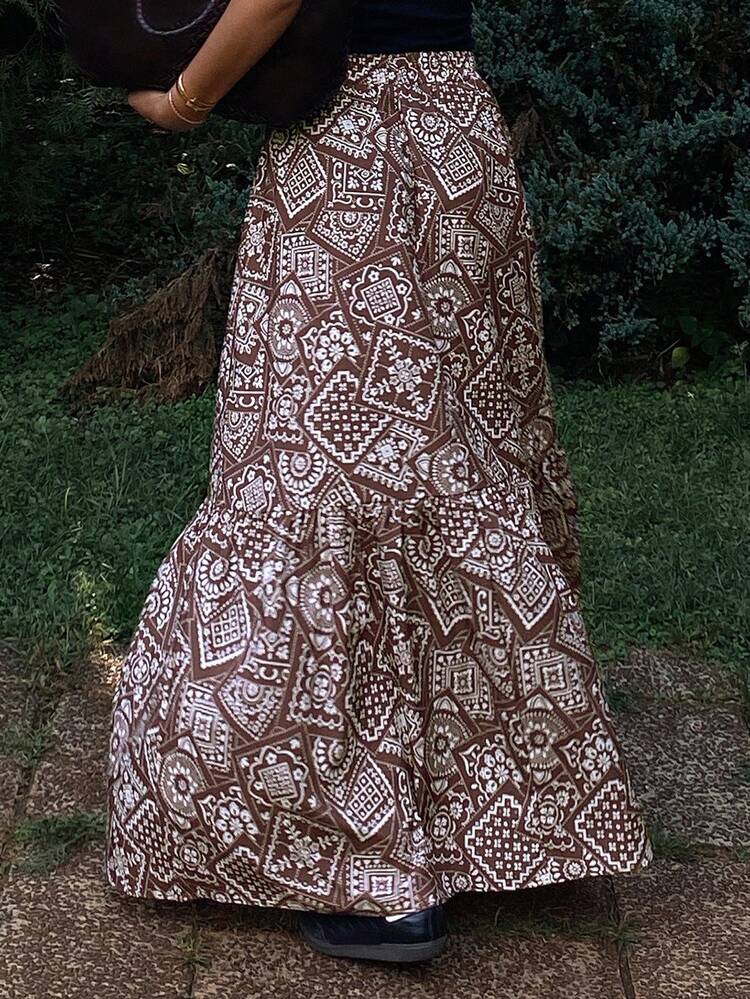 Floral Patchwork Hem Casual Vacation Skirt For Women, Autumn/Winter