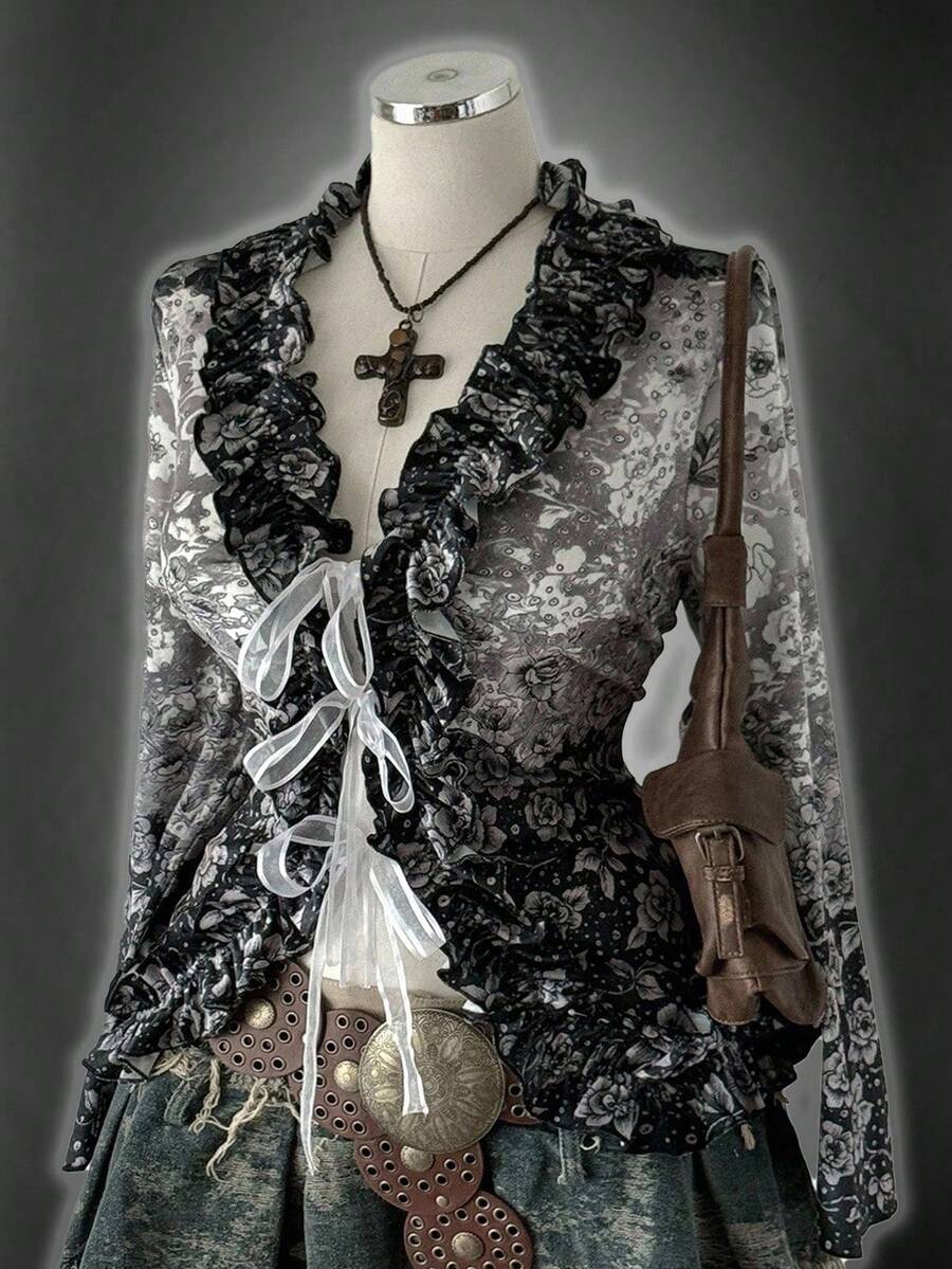 Sunspun 复古浪漫仙女风束腰简约荷叶边下摆长袖修身衬衫 - 黑色 - 查看 1